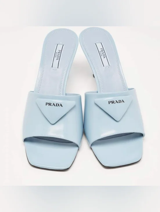 PRADA Burnished Leather Heeled Slide Sandals In Celeste EU 37.5 US 7.5 Org $1295 - Picture 4 of 16